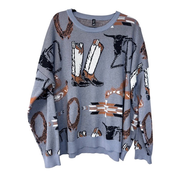Western Cowboy Boot Lasso Bull Sweater Two 2 Fly Gray 2X 3X Equestrian Pullover - Picture 1 of 7